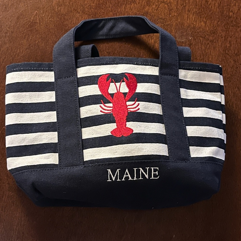NWOT Mini Maine Canvas Tote Bag with Lobster Embroidery in Navy and White Stripe